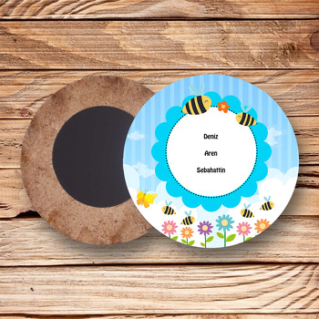 Arı ve Çiçek Temalı Ahşap Daire Magnet