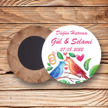 Aşık Kuşlar ile Alyans Temalı Daire Ahşap Magnet