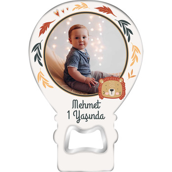 Aslan ile Sonbahar Yaprakları Temalı Balon Ahşap Magnet 