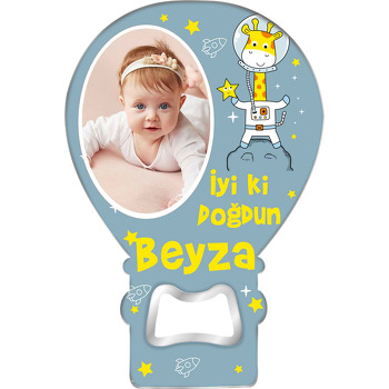 Astronot Zürafa ile Yıldız Temalı Balon Ahşap Magnet 