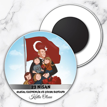 Atatürk ile Çocuklar ve Bayrak Temalı Daire Plastik Doğum Günü Magnet