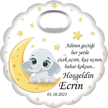 Ayda Oturan Bebek Fil ile Sarı Yıldızlar Temalı Çiçek Şekilli Magnet Açacak