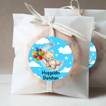 Ayda Uyuyan Balonlu Ayıcık Mavi Fon Temalı Sticker