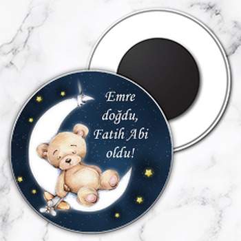 Ayıcık Ayda Uykuda Gökyüzü Fon Temalı Daire Plastik Doğum Günü Magnet
