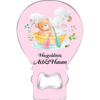 Ayıcık ile Fil Tekne ile Pembe Fonda Temalı Balon Ahşap Magnet 