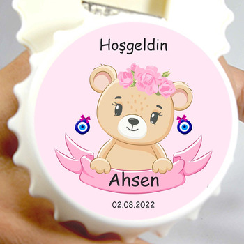 Ayıcık ile Pembe Flama Temalı Kapak Şekilli Magnet Açacak