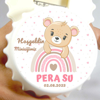 Ayıcık ile Pembe Gökkuşağı Temalı Kapak Şekilli Magnet Açacak