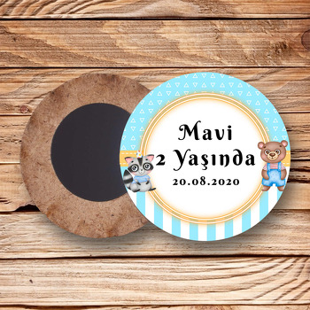 Ayıcık ile Rakun Temalı Ahşap Daire Magnet