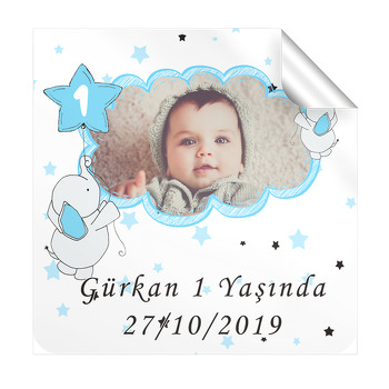 Baby Fil Mavi  Temalı Doğum Günü Kare Etiket