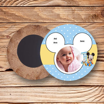 Baby Mickey  Temalı Resimli Ahşap Daire Magnet