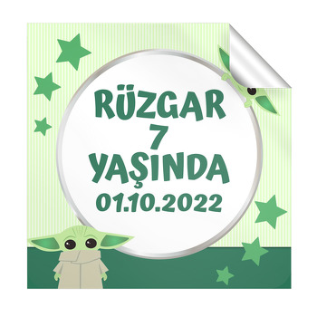 Baby Yoda Yeşil Fon Temalı Kare Parti Etiket