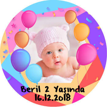 Balon ve Confetti Temalı Resimli Daire Plastik Anahtarlık