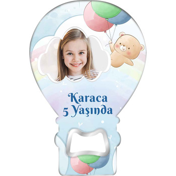 Balonla Uçan Ayıcık ile Bulut Çerçeve Temalı Balon Ahşap Magnet 