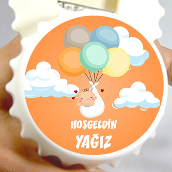 Balonla Uçan Bebek ile Turuncu Fon Temalı Kapak Şekilli Magnet Açacak