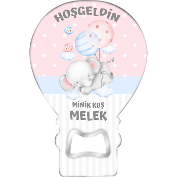 Balonla Uçan Fil ile Pembe Gri Fon Temalı Balon Magnet Açacak