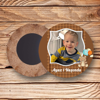 Balonlu Ayıcık Kahverengi Fon Temalı Daire Ahşap Magnet