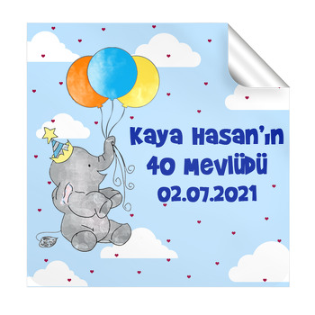 Balonlu Fil ile Kalpli Balonlar Temalı Kare Parti Etiket