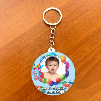 Balonlu Fil  Temalı Resimli Daire Plastik Anahtarlık