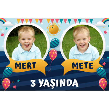 Balonlu İkiz Erkek Temalı Doğum Günü Plastik Magnet
