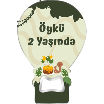 Balonlu Pasta ile Sincap Temalı Balon Ahşap Magnet 