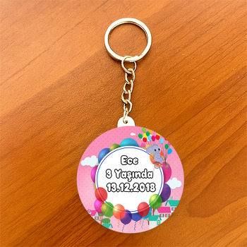 Balonlu Pembe Fil  Temalı Daire Plastik Anahtarlık