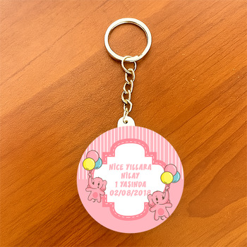 Balonlu Pembe Fil Temalı Daire Plastik Anahtarlık