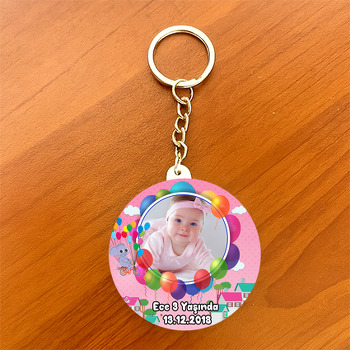 Balonlu Pembe Fil  Temalı Resimli Daire Plastik Anahtarlık