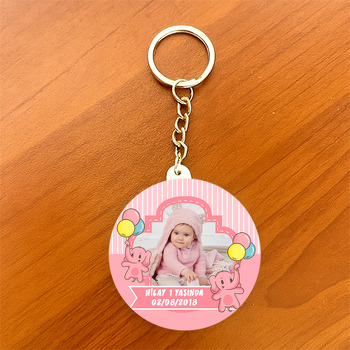 Balonlu Pembe Fil Temalı Resimli Daire Plastik Anahtarlık