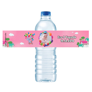 Balonlu Pembe Fil Temalı Su Şişesi Etiketi