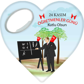 Baş Öğretmen Atatürk ile Öğretmenler Günü Kutlaması Temalı Kalp Şekilli Magnet Açacak