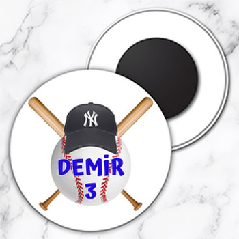 Baseball Topu ile Şapkası Temalı Daire Plastik Doğum Günü Magnet