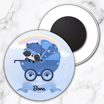 Bebek Arabası ile Rakun Temalı Daire Plastik Magnet