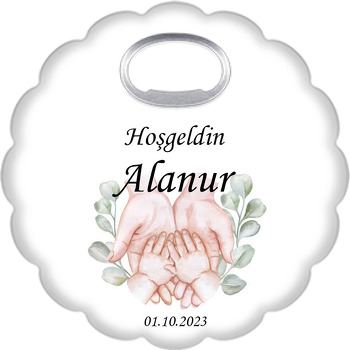 Bebek Eli ile Ebeveyn Eli ve Defne Yaprakları Temalı Çiçek Şekilli Magnet Açacak