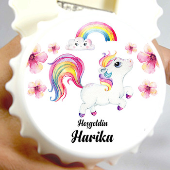 Bebek Unicorn ile Gökkuşağı Temalı Kapak Şekilli Magnet Açacak