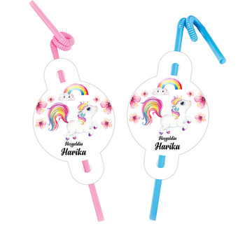Bebek Unicorn ile Gökkuşağı Temalı Pipet ve Kartı