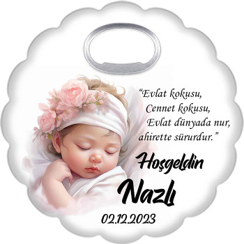 Beyaz Bant Tokalı Çiçekli Kız Bebek Temalı Çiçek Şekilli Magnet Açacak