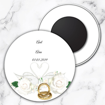 Beyaz Gül Ve Alyans Temalı Söz Nişan Nikah Daire Plastik Magnet