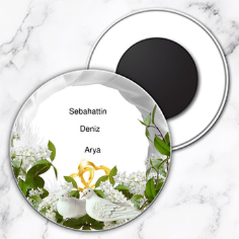 Beyaz Güvercin Temalı Söz Nişan Nikah Daire Plastik Magnet