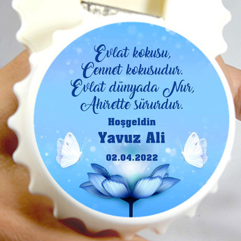 Beyaz Kelebekler ile Mavi Çiçek Temalı Kapak Şekilli Magnet Açacak