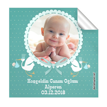 Beyaz Leylek Temalı Hoşgeldin Bebek  Kare Etiketi