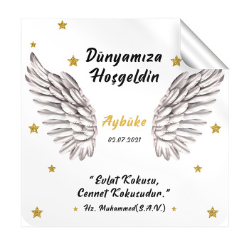 Beyaz Melek Kanadı ile Beyaz Fon Temalı Kare Parti Etiket