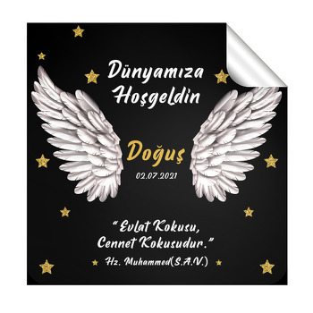 Beyaz Melek Kanadı ile Siyah Fon Temalı Kare Parti Etiket