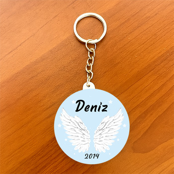 Beyaz Melek Kanadı Mavi Fon Temalı Daire Plastik Anahtarlık