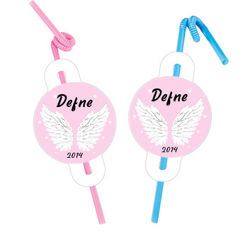 Beyaz Melek Kanadı Pembe Fon Temalı Pipet ve Kartı