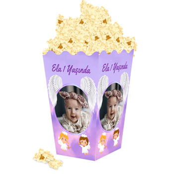 Beyaz Melek Kanatları ile Lila Fon Temalı Popcorn Kutusu