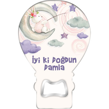 Beyaz Tavşan ile Mor Yıldızlar Temalı Balon Ahşap Magnet 