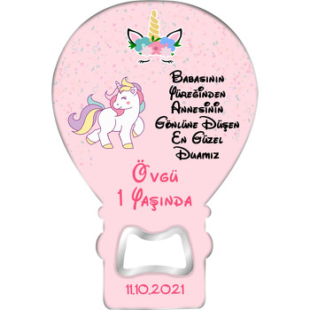 Beyaz Unicorn ile Konfetiler Temalı Balon Şeklinde Ahşap Magnet 