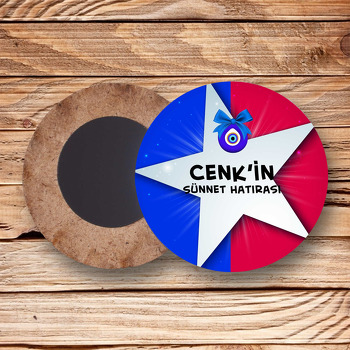 Beyaz Yıldız ile Mavi Kırmızı Fonda Sünnet Temalı Daire Ahşap Magnet