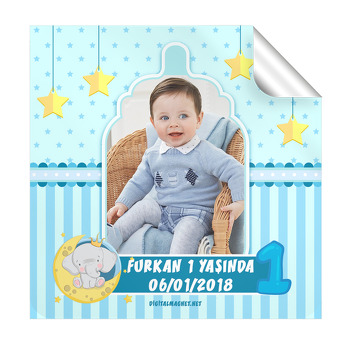 Biberon Çerçeve Temalı 1 Yaş Doğum Günü  Kare Etiket