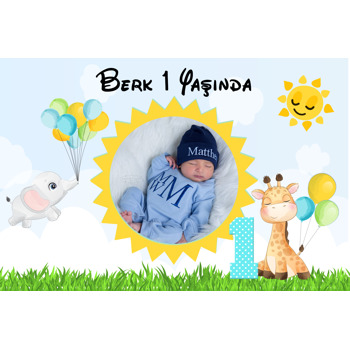 Bir Yaş Fil ile Zürafa Temalı Plastik Doğum Günü Magnet